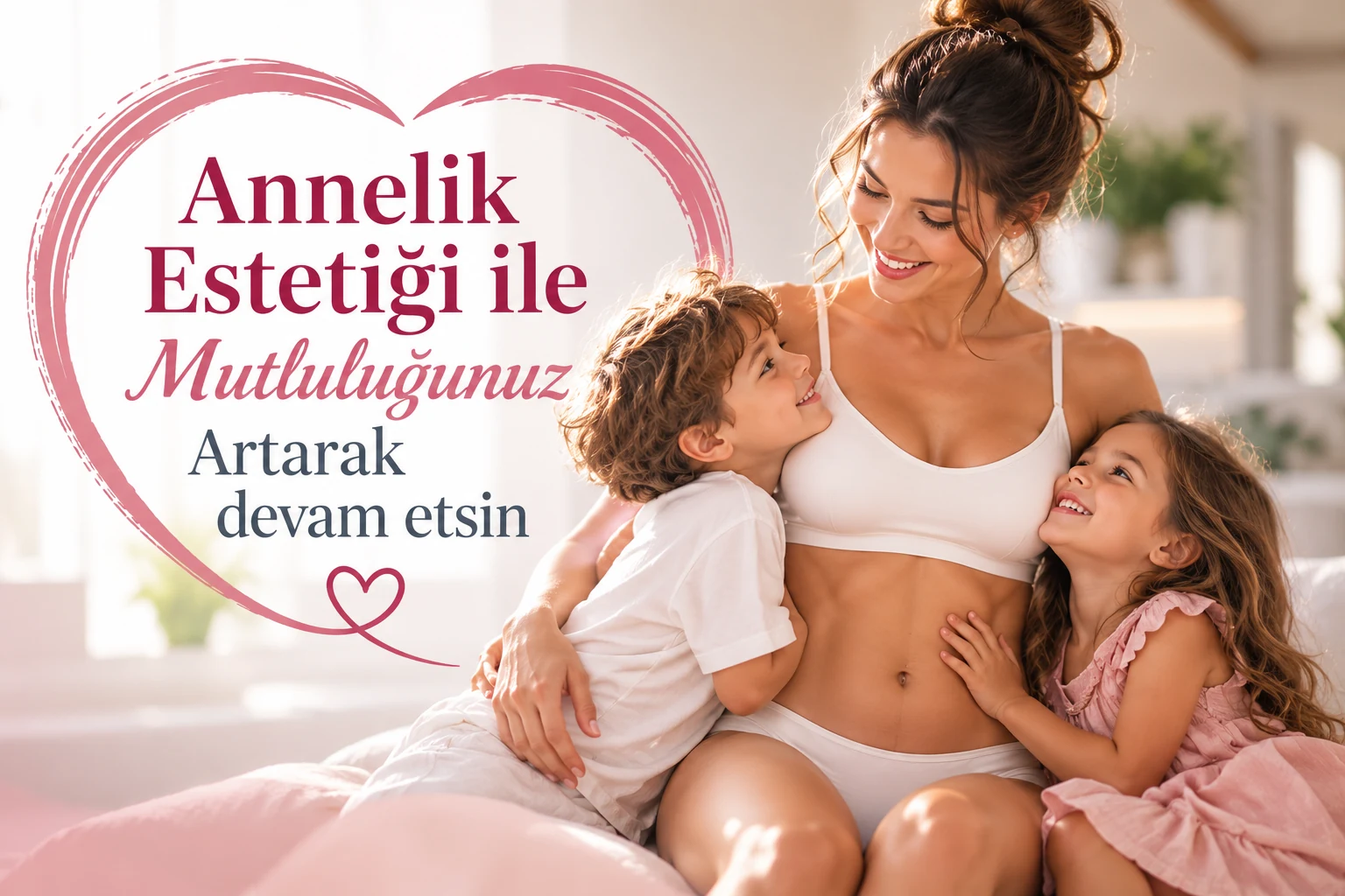 Annelik estetiği — anne ve iki çocuğuyla sıcak aile görseli